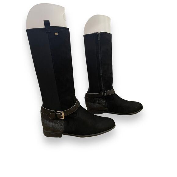TOMMY HILFIGER Andrea Roller 2 Buckle Sparkle Riding Boot BLACK STRETCH sz 5 - Picture 2 of 8